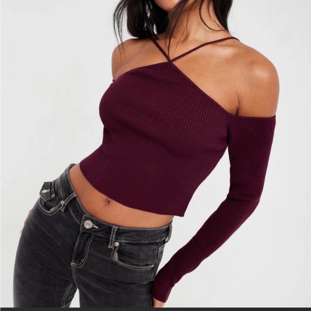 Garage Burgundy Off-Shoulder Strappy Ribbed Crop Top